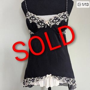 SOLD Lace Bow Peplum Ruffle Chemise - Black/Cream - L